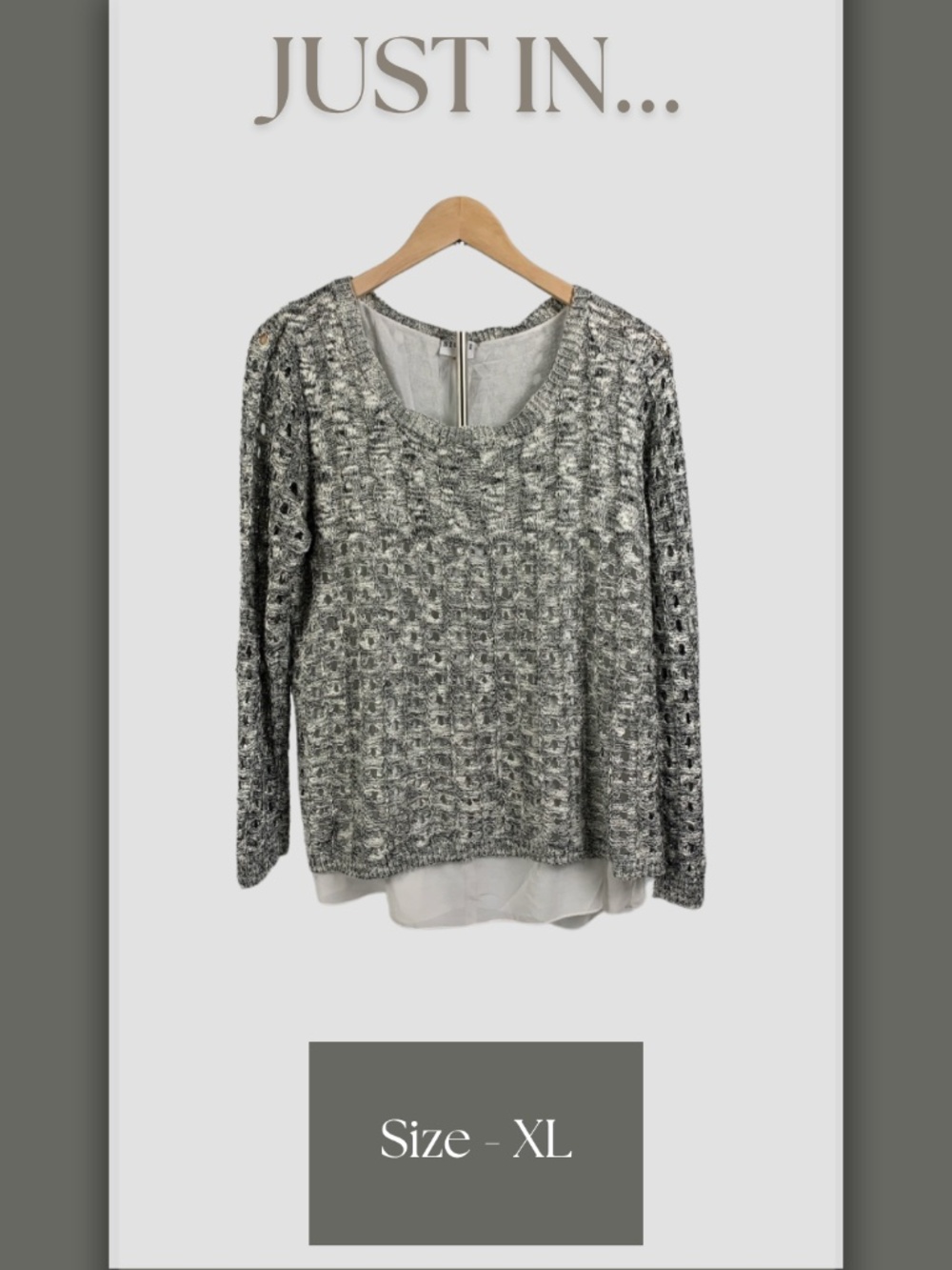 Sioni Gray Knit Layered Pullover Sweater Sheer Underlay XL Cottagecore Casual